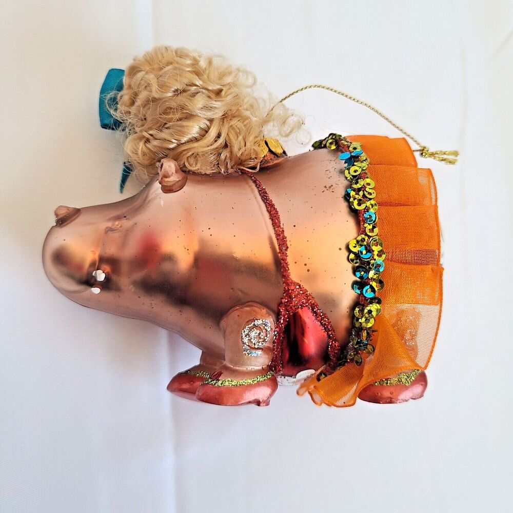 Hippo Ballerina Mercury Glass Christmas Ornament Hand Blown Sequin Glitter Tutu - Picture 7 of 13